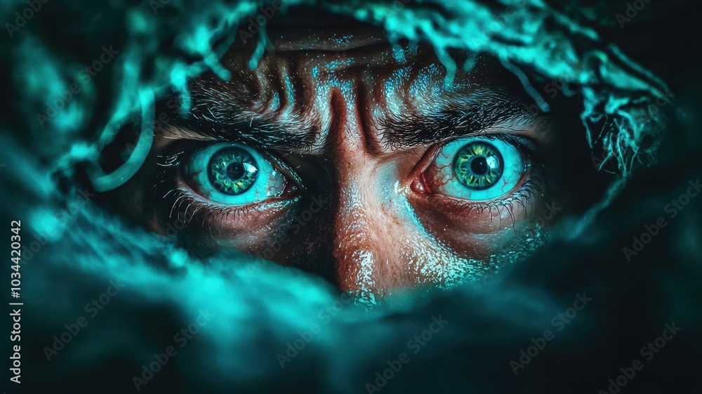 A close-up of a person's intense eyes peering through dark, textured material, evoking emotions of fear and curiosity.