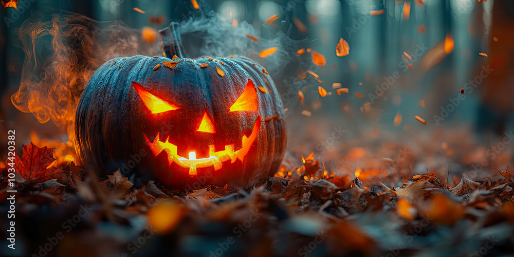 Background with a smoking Halloween pumpkin and autumn leaves Background with a smoking Halloween pumpkin and autumn leaves