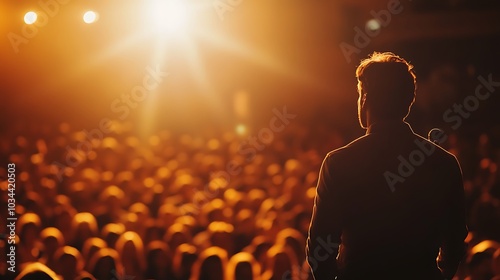 Speaker performing on stage with a spotlight, addressing a large audience at a professional event.
