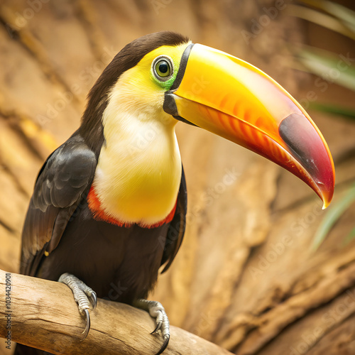 a toucan with a yellow beak on a branch photo