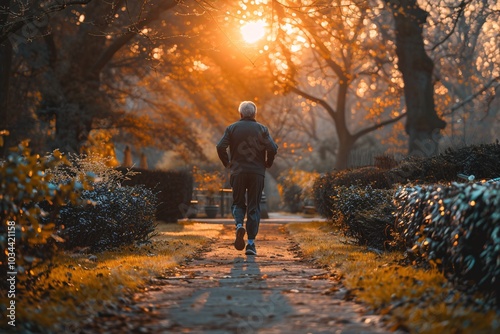 A jogger makes their way down a peaceful walkway surrounded by trees at sunset, with golden light filtering through the branches, creating a tranquil atmosphere