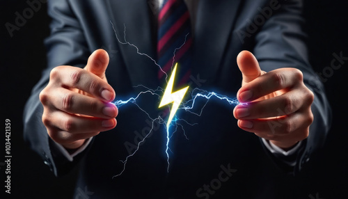 Businessman hand holding a lightning symbol on a background, energy concept. Electrical power innovation and future technology inspiration, glowing idea of success in business.