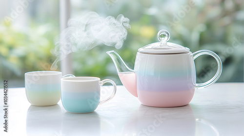 A beautifully crafted tea set featuring a steaming teapot and delicate tea cups, set against a soft, blurred garden backdrop. 