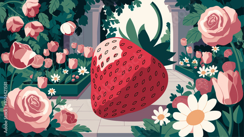 Strawberry in a luxurious garden with lush greenery and elegant flowers.