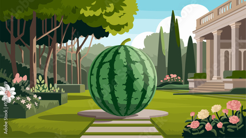 Watermelon in a luxurious garden with lush greenery and elegant flowers.
