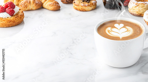A steamy cup of gourmet coffee elegantly placed on a marble countertop, accented by artisanal pastries in the background, showcasing the rich textures and colors of both the drink and the food. 