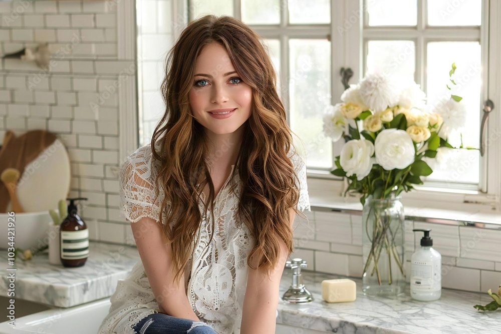 Waist up photo of female Caucasian sitting on bathroom counter