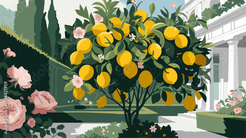 Lemon in a luxurious garden with lush greenery and elegant flowers.