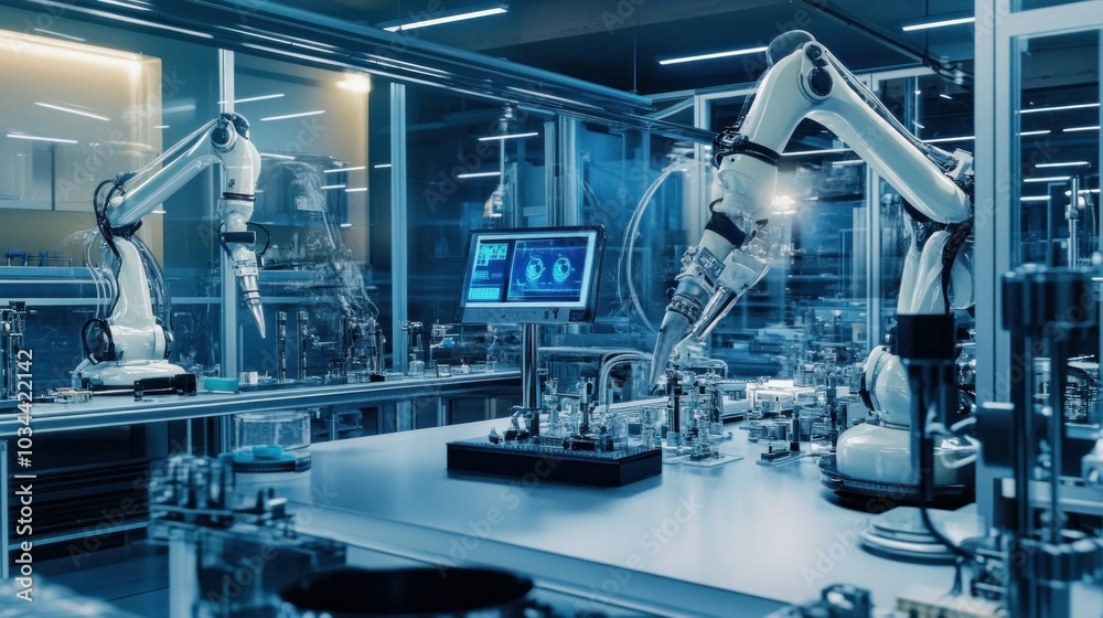 Two Industrial Robots Working on a Production Line in a Modern Factory Two Industrial Robots Working on a Production Line in a Modern Factory
