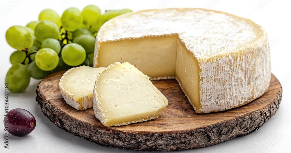 Round soft cheese on a rustic wooden platter paired with fresh green grapes and a single red grape on a white background Round soft cheese on a rustic wooden platter paired with fresh green grapes and a single red grape on a white background