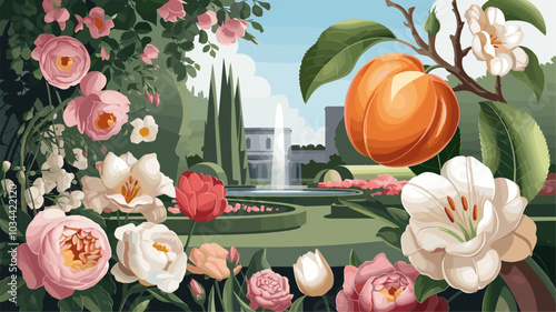 Apricot in a luxurious garden with lush greenery and elegant flowers.