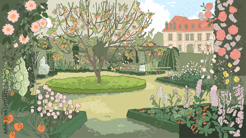 Apricot in a luxurious garden with lush greenery and elegant flowers.