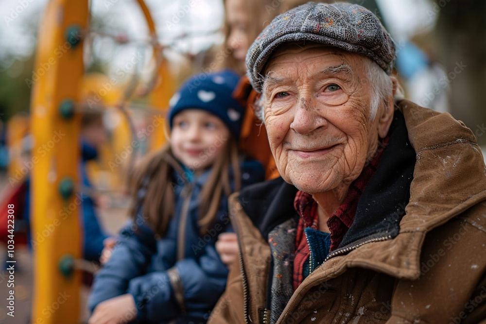 An elderly man smiles warmly while sitting at a playground, surrounded by children playing nearby. The atmosphere is joyful as the children interact and enjoy their time An elderly man smiles warmly while sitting at a playground, surrounded by children playing nearby. The atmosphere is joyful as the children interact and enjoy their time