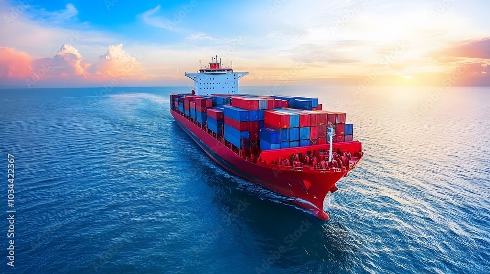 A Cargo Ship Sailing on the Ocean at Sunset
