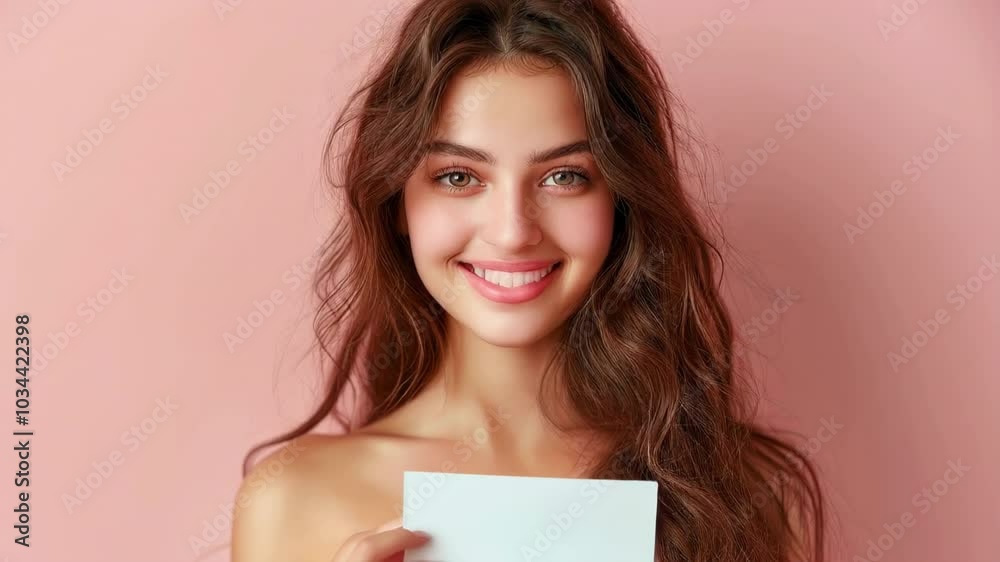 Young smiling woman holding empty blank white paper on pink background. Copy space for text. High quality 4k footage Young smiling woman holding empty blank white paper on pink background. Copy space for text. High quality 4k footage