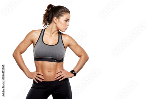 Fit Young Woman. Sport. Gym. Toned Body and Slim Stomach. Exercise and Fitness Motivation. Isolated on Transparent Background. PNG.