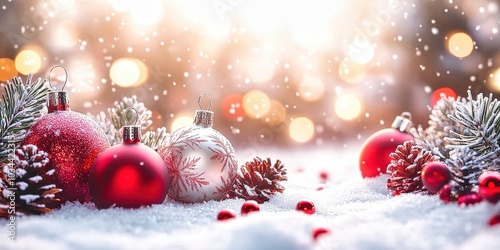 Red and silver christmas ornaments resting on snow with pine sprigs photo