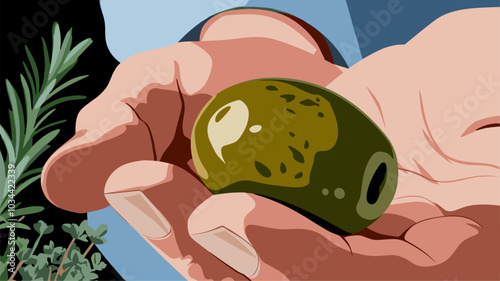 Hand holding an olive, focusing on its rich texture and vibrant color.