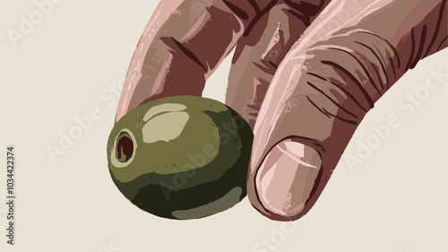 Hand holding an olive, focusing on its rich texture and vibrant color.
