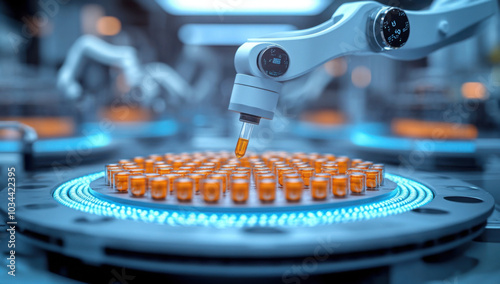 Custom drug 3D printer creating medication tailored to the patient's needs, robotic arms assembling the pills inside a futuristic medical lab
 photo