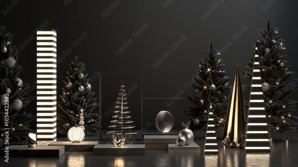 Modern festive holiday decor with abstract christmas trees and geometric elements Modern festive holiday decor with abstract christmas trees and geometric elements