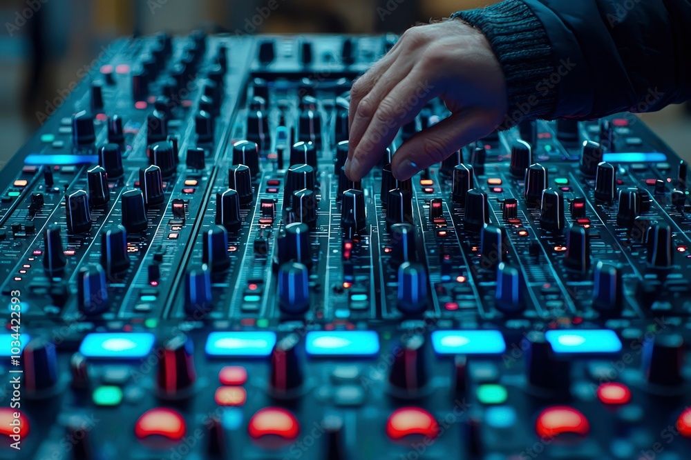 Hand Adjusting Knobs on a Sound Mixing Console Hand Adjusting Knobs on a Sound Mixing Console