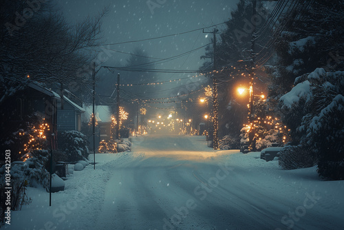 Fototapeta Naklejka Na Ścianę i Meble -  A snow-covered street adorned with festive lights during a peaceful winter evening in a small town