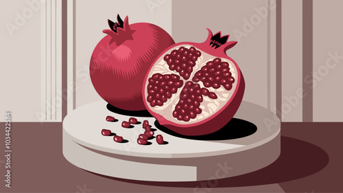 Pomegranate displayed on an elegant podium, highlighting its vibrant red skin and juicy seeds.