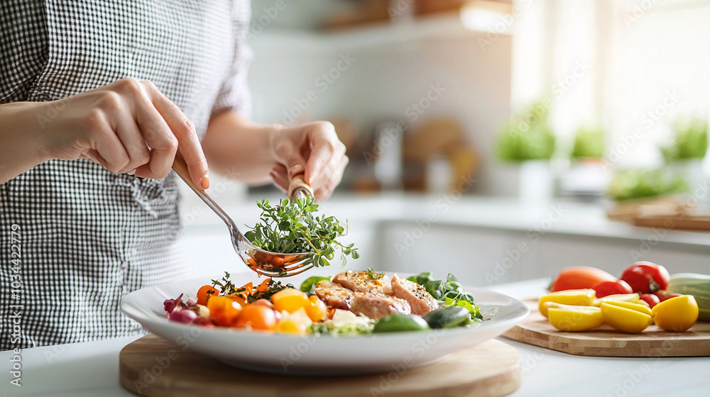 Close-up of hands preparing festive dishes in a modern kitchen, with vivid colors of fresh vegetables and herbs displayed. Close-up of hands preparing festive dishes in a modern kitchen, with vivid colors of fresh vegetables and herbs displayed.