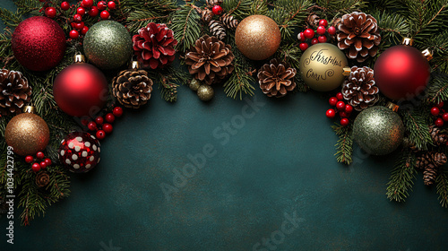 Christmas decorations with festive ornaments and pine branches against a teal background, creating a warm and inviting atmosphere. Ideal for holiday celebration and Christmas cheer.