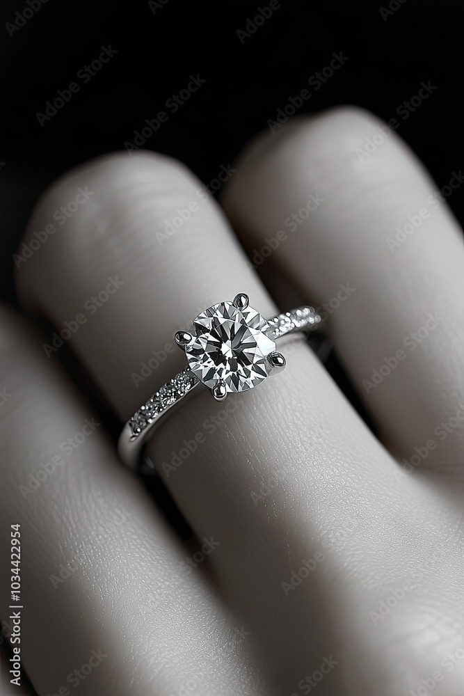 Obraz premium This image showcases an elegant diamond ring with a sparkling intricate design, featuring a central diamond embraced by a halo of smaller diamonds on a silver band with detail.