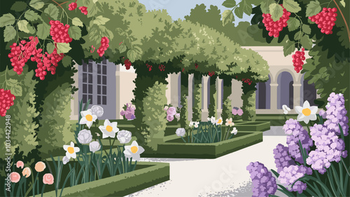 Currants in a luxurious garden with lush greenery and elegant flowers.