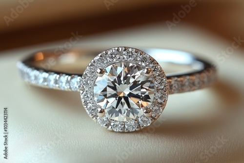 This image showcases an elegant diamond ring with a sparkling intricate design, featuring a central diamond embraced by a halo of smaller diamonds on a silver band with detail.
