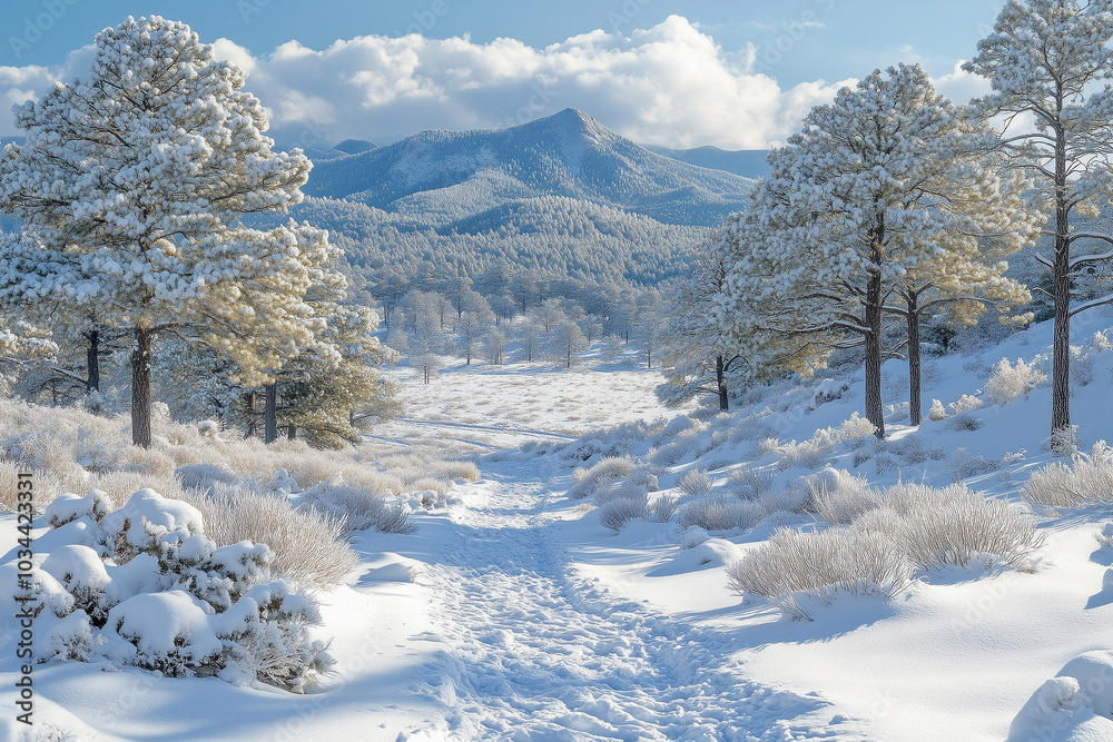 A snow-covered trail leads through a winter wonderland in a mountainous region under a blue sky with scattered clouds