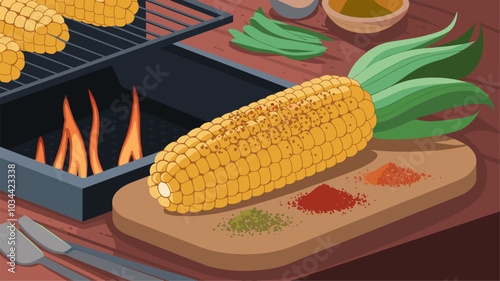 Corn cooked on a grill with spices, showcasing a flavorful dish.