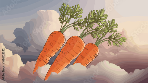 Carrots floating among fluffy clouds with soft, golden sunlight highlighting their fresh hues.