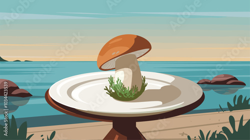 Fresh mushroom served on a plate with a relaxing seaside backdrop.