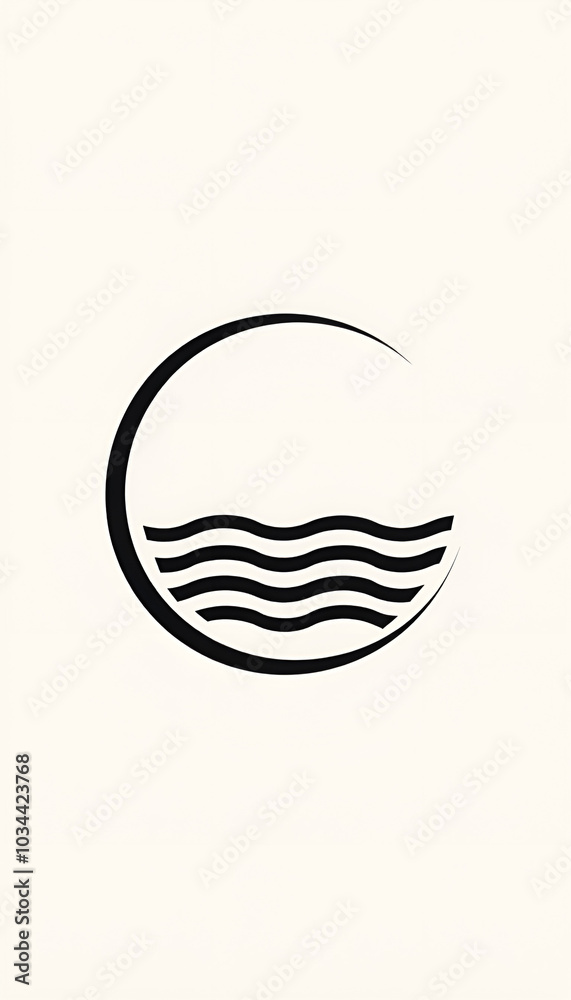 Minimalistic logo design featuring waves and a crescent shape on a light background Minimalistic logo design featuring waves and a crescent shape on a light background