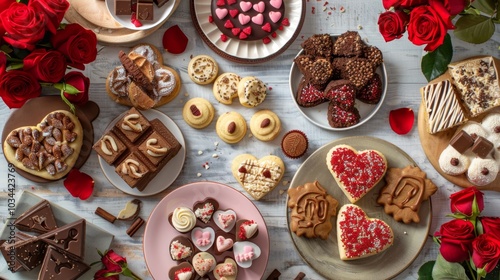 Romantic valentine's day dessert spread with heart-shaped treats and red roses