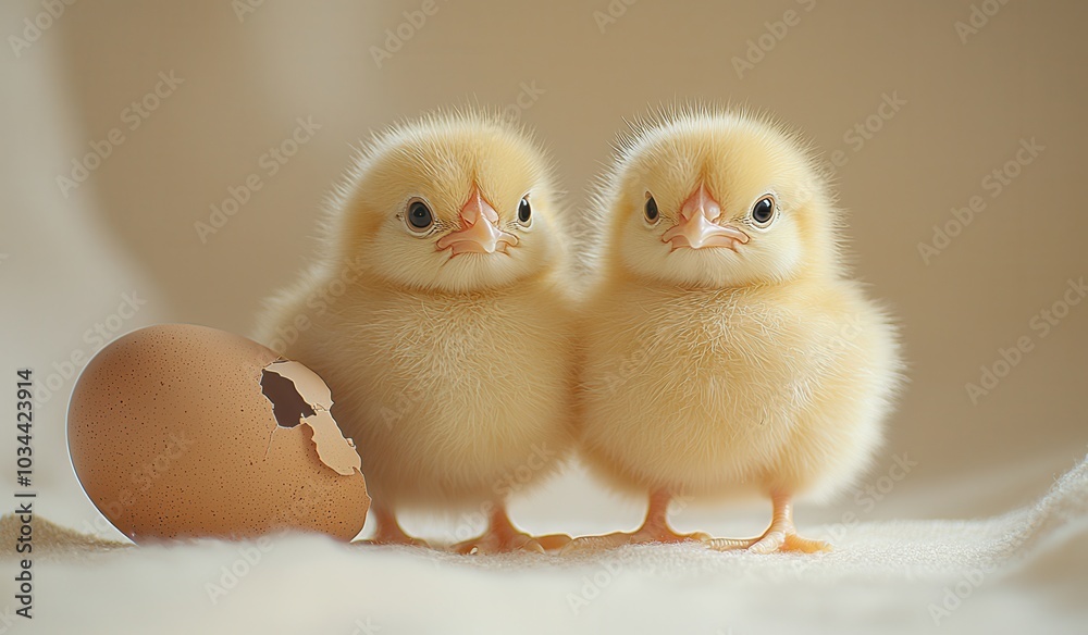Fototapeta premium Two fluffy yellow chicks standing next to a cracked egg on a soft surface