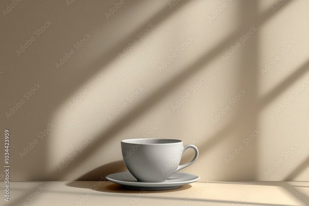 A White Coffee Cup on a Saucer Against a Tan Wall with Light Filtering Through a Window A White Coffee Cup on a Saucer Against a Tan Wall with Light Filtering Through a Window