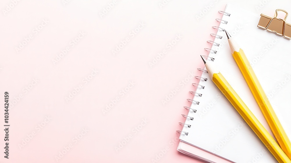 Two pencils and a notebook resting on a pink desk with copy space Two pencils and a notebook resting on a pink desk with copy space