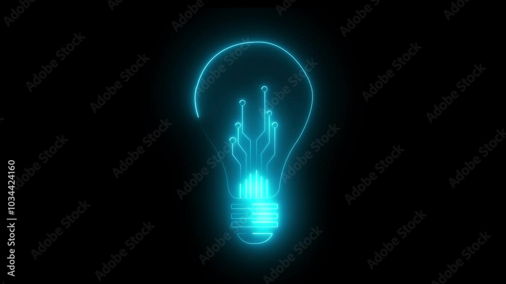 Bulb circuit animation by cyan color neon on black background. Bulb circuit animation by cyan color neon on black background.