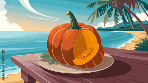 Fresh pumpkin served on a plate with a relaxing seaside backdrop.