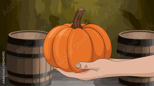 Hand holding a pumpkin, focusing on its natural texture and vibrant color.