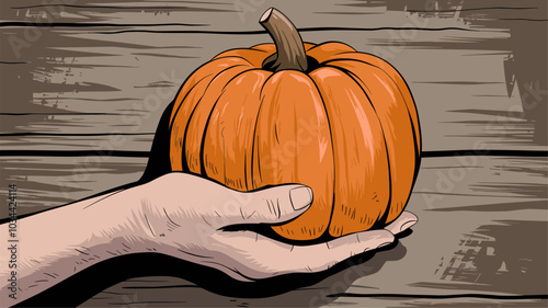 Hand holding a pumpkin, focusing on its natural texture and vibrant color.