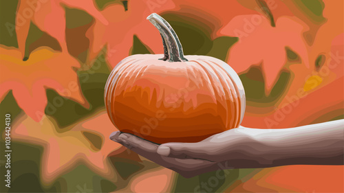 Hand holding a pumpkin, focusing on its natural texture and vibrant color.