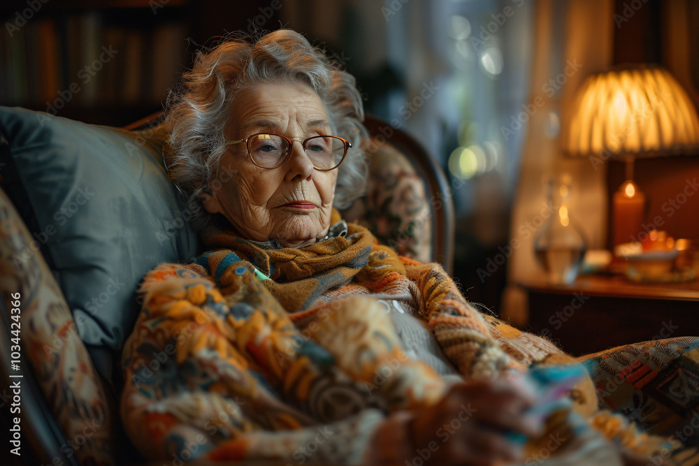 An elderly woman sits comfortably in a patterned armchair, wrapped in a colorful shawl, gazing pensively as warm light from a nearby lamp bathes the room in a soothing glow. An elderly woman sits comfortably in a patterned armchair, wrapped in a colorful shawl, gazing pensively as warm light from a nearby lamp bathes the room in a soothing glow.