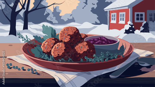 Köttbullar in a snowy setting, contrasting the warm dish with a cold wintry backdrop.