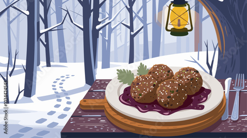 Köttbullar in a snowy setting, contrasting the warm dish with a cold wintry backdrop.